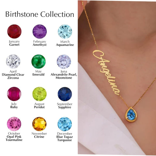 Birthstone Name Necklace|24k Gold Electroplated